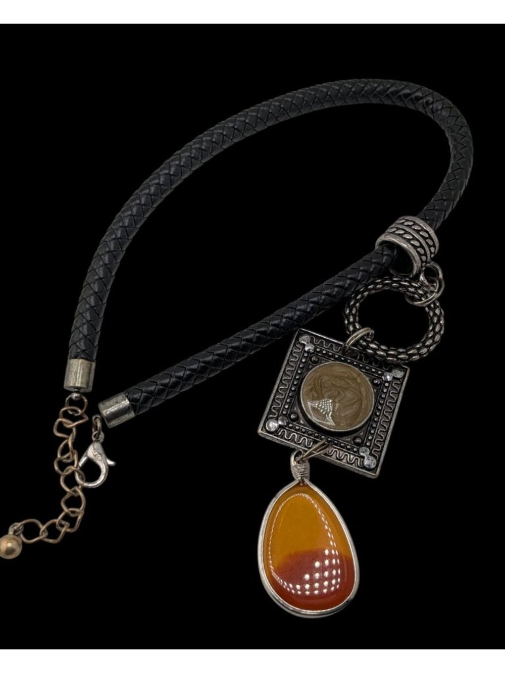 Boho Western Braided Leather Pendant Necklace Black Silver Orange Statement